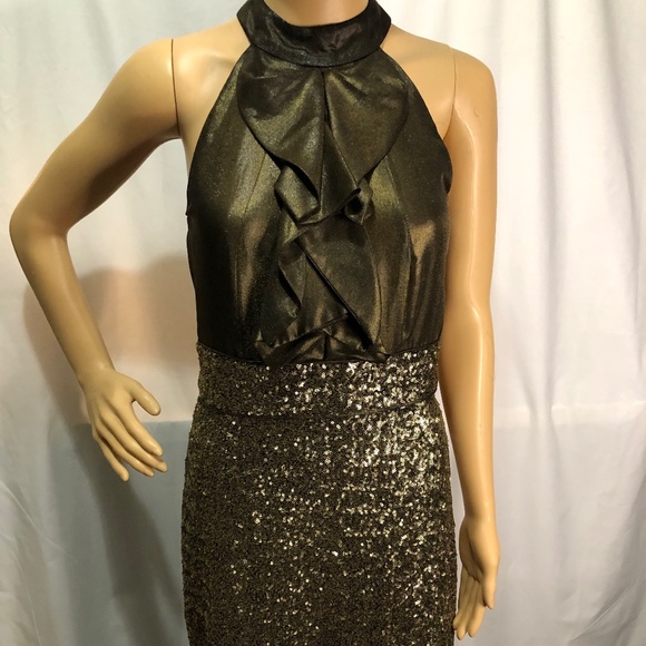 Antonio Melani Bronze And Gold Halter Dress With Sequins, Size 6 - Picture 3 of 11